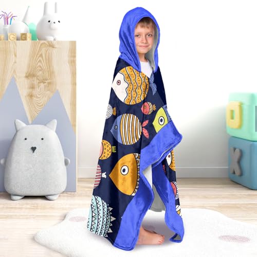 Image of Shark Boys Beach Towel with Hoodie for Kids Toddlers Age 4-8,Shark Blue Bath Towels Shower Wrap for Boys, Hooded Poncho Beach Blanket for Pool Swimming Cute Wearable Bath Towel for Child