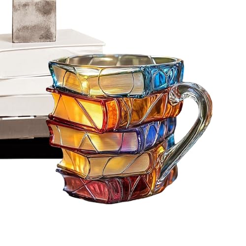 Taza de café creativa con diseño de libro pintado, tazas de cerveza de vidrio de colores vintage 3D hechas a mano, resistentes al calor, para bebidas offiice, hogar, whisky, cerveza, cócteles