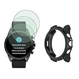 SHUAXI Watch Screen Protector (3+1Pack) Compatible with Fossil Gen 6 44mm, Tempered Glass Film Anti-Scratch High Definition Full Coverage and Soft TPU Protective Case, Black