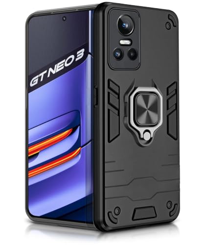 Image of WOW IMAGINE Shock Proof Back Case Mobile Cover for Realme GT Neo 3 5G | Back Cover Case (Tough Armor | Hybrid PC + TPU | Ring Holder & in-Built Kickstand | Black)