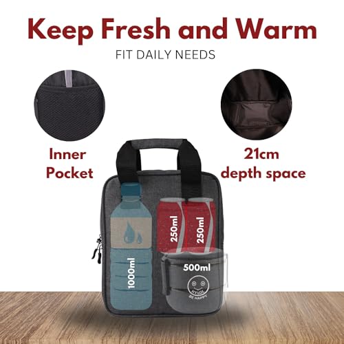 Image of HYLOL Women and Kids Portable and Reusable Insulated Cotton Thermal Cooler Lunch /Tiffin /Storage Bag for Office Women, College, and School (Grey 01), 5 L