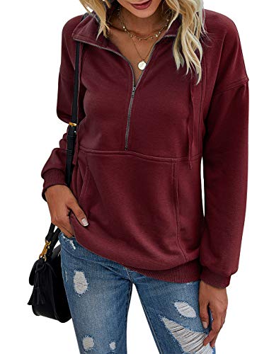 Prettygarden Women’s Casual Long Sleeve Lapel Zipper Sweatshirt Drawstring Loose Pullover Tops Wine Red #TOP25