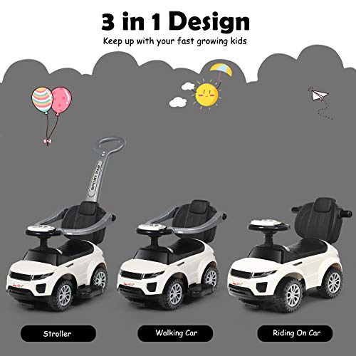 Image of Costzon 3 in 1 Ride on Push Car, Stroller Sliding Walking Car with Horn, Music, Light, Under Seat Storage, Parental Handle, Armrest Guardrails, Ride on Toy for Boys & Girls (White)