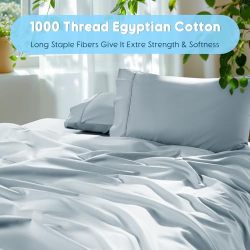 Image of SONORO KATE 1000 Series 100% Egyptian Cotton King Sheet Set,4 Pieces | Soft,Breathable Long Staple,Sateen Weave,Luxury 5-Star Hotel Bed Sheets,16 inch Deep Pocket,Light Blue