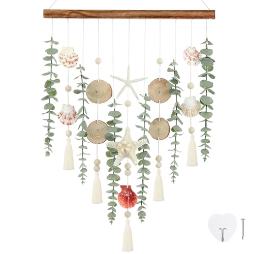 Coastal Wall Decor Artificial Eucalyptus Boho Bedroom Decor with Seashell and Starfish Fake Eucalyptus Plants hunging on Carbonized Wooden Stick for Bathroom Living Kitchen Dining Room Decor