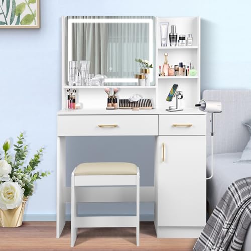 Image of QUALIKRAFT Widescreen Vanity Set with LED Mirror & Stool, Makeup Desk with Built-in Power Outlet, 2 Drawers & 6 Shelves, Wide Lighted Dressing Table