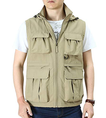Flygo Men's Utility Casual Hooded Outdoor Work Fishing Travel Photo Vest Jacket with Pockets