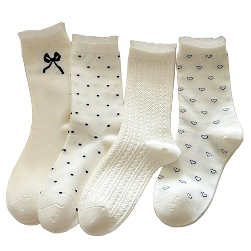 Image of Starella Women's Cute Bow Ruffle Frilly Socks Lace Polka Dot Casual Crew Sock for Flats 4 Pairs