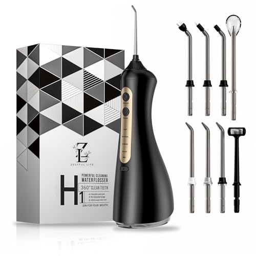 Zestful Life Hilo dental único en forma de U, 8 puntas de repuesto, 4 modos de removedor de placa para dientes, IPX7 impermeable, hilo dental recargable, tanque de agua de 350 ml para el hogar y