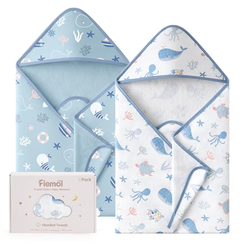 Image of Hooded Baby Towels for Newborn,100% Cotton Baby Bath Towels with Hood for Infant Toddler Boy Girl, 2 Pack 32x32 Inch Soft & Absorbent Knit Terry Bath Essentials Blue Whale