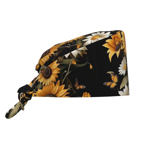 Gorro de trabajo transpirable, diseño de girasoles, margaritas, mariposas, enfermería, médico, cirujano, unisex, para mujeres y hombres