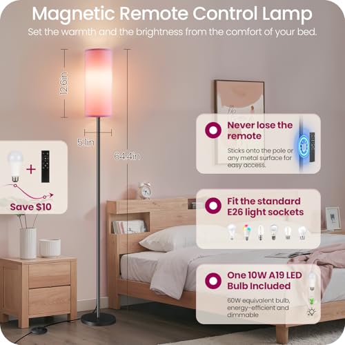 Image of Dimmable Pink Floor Lamp for Living Room with Remote and Foot Switch, Corner Floor Lamp for Bedroom, 64.4 inch Standing Tall Lamp, 10W 900LM Bulb Included, 3000K-6500K, Linen Shade, FCC Listed P06LD05W1