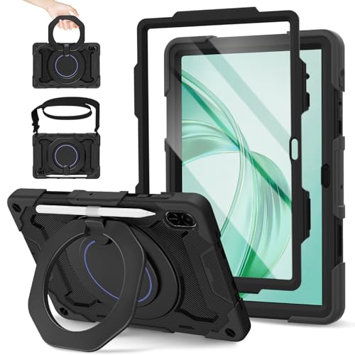 ROISKIN Case for Honor Pad X8a/X8b 11 Inch 2024/2026 with HD Screen Protector & Shoulder Strap & Pencil Holder Heavy Duty Shockproof Military Honor Pad X8a Case Rotating Stand Case for Kids Black