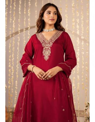 Image of Nermosa Women Embroidery Solid Anarkali Kurta and Pant Set with Dupattas