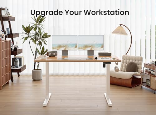 Image of BANTI 55 x 28 Inches Standing Desk, Ergonomic, Electric Height Adjustable, Sit and Stand Up, Computer Desk with a Deeper Desktop, White Frame /Light Rustic Top