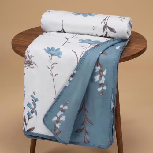 Image of HUESLAND 100% Cotton Reversible Dohar Single Bed Cotton | Soft Cambric Weave, All Weather Light AC Blanket | 56 x 89 inches, Floral - White & Blue