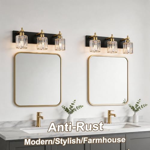 Image of Black and Gold Crystal Bathroom Vanity Lights, 3-Lights Bathroom Light Fixture Over Mirror, 20 Inch Modern Farmhouse Vanity Light, Brass Gold Bath Wall Sconce for Bath Mirror Kitchen Hallway Cabinet