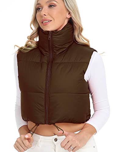 Xeoxarel Women's Crop Vest, Puffer Lightweight Zip Sleeveless Warm Outerwear Padded Gilet Chocolate Brown Xs #TOP1