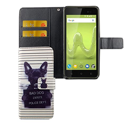 König Design Handyhülle für Wiko Sunny 2 Plus Kunstlederhülle mit Kartenfächer, Schutzhülle mit Standfunktion, Klapphülle Tasche - Weiß - Bulldogge