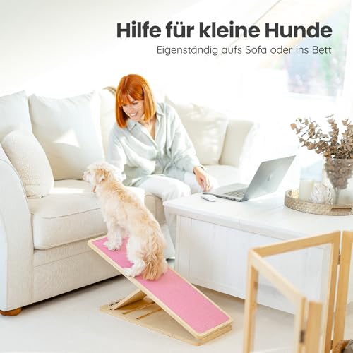 Ruby Hunderampe [höhenverstellbar] Hundetreppe aus massivem Holz – klappbar & rutschfest | Holzrampe Dog Stairs, kleine Hunde Haustiertreppe | 30-50cm (Rosa, M)