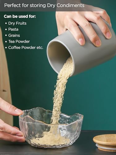 Image of UMAI Ceramic Jar with Bamboo Lid 1000ml | White-Gold | Kitchen Storage Container for Tea, Coffee, Snacks, Sugar, Salt, Pulses, Grains, Dry Fruit, Spices | Kitchen Organizer Gift Set