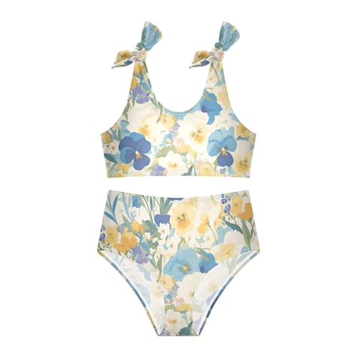 KLL The Garden Tricolor Pansy Flower Girls' Two Piece Bikini Sets Beach Swimsuits Swimwear Cute Shoulder Strap3