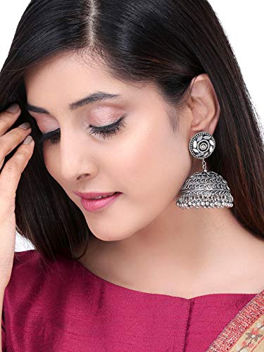 Image of Yellow Chimes Earrings for Women and Girls Traditional Silver Oxidised Jhumka German Silver Earring Set Dome Shaped Dangler Jhumki Earrings Combo | Birthday Gift For Girls and Women
