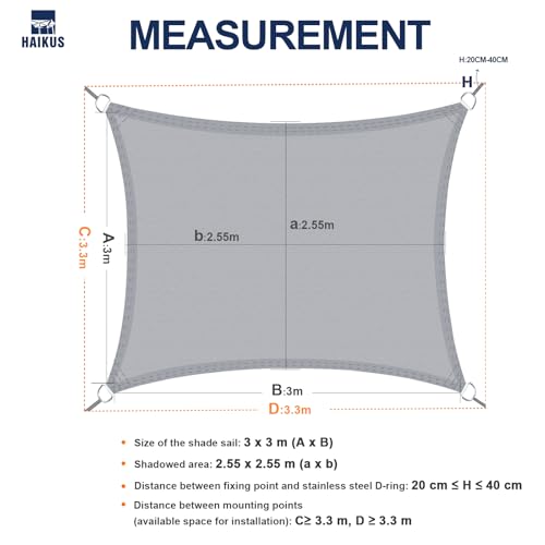 HAIKUS Sonnensegel Wasserdicht Rechteckig Quadratisch 3x3m Sonnenschutz Wasserabweisend Premium PES Polyester mit UV Schutz für Balkon Garten Terrasse Quadrat Weiss Creme 4