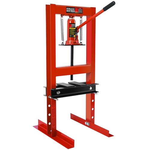 Image of Hydraulic Shop Press 6T, H-Frame Bearing Shop Press, Adjustable Benchtop Shop Press with 2 Press Plates, Adjustable Working Table Height, Red