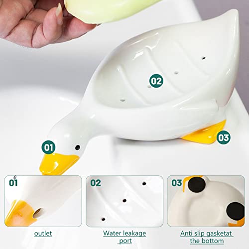 2Pcs Ceramic Soap Dish With Drain, Self Draining Soap Bar Holder For Shower, Bath And Body Works Soap Box For Bathroom Sink, Cute Duck Suction Soap Holder For Bathtub Kitchen (White + Green) #TOP4