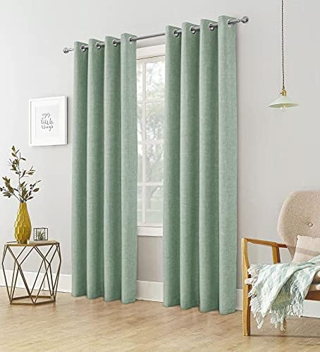 always4u Linen Look 100% Blackout Eyelet Curtains Thermal Energe Saving for Bedroom 1 Pair Noise Reducing Solid Modern Window Treatment for Home Decoration Sage Green W66*L72