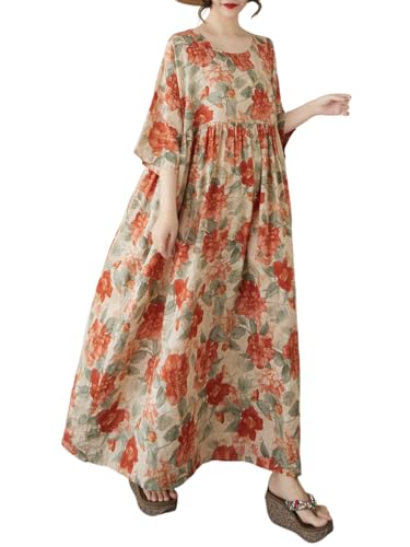 Women Plus Size Casual Dresses Floral Printed O Neck Short Sleeves Summer Oversized Dresses Boho Loose Fitting Wear