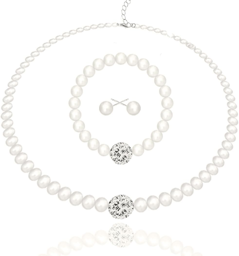 Brishow Wedding Pearl Necklace Set Silver Bridal Crystal Necklaces Earrings Bracelet Sets Rhinestone Brides Necklace Chain Jewelry Sets for Women and Girls