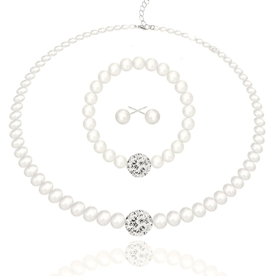 Brishow Wedding Pearl Necklace Set Silver Bridal Crystal Necklaces Earrings Bracelet Sets Rhinestone Brides Necklace Chain Jewelry Sets for Women and