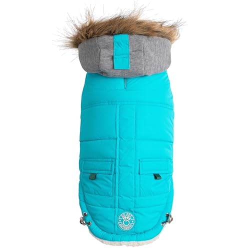 GF Pet Dog Parka Jacket Winter Sailor Warm Coat for Dogs Fleece Lined Vegan Fur Hooded Bodywarmer - Aqua - Medium