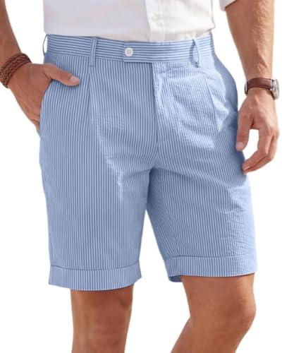 Pyiuhs Seersucker Mens Short Pants Slim Fit Flat Front Shorts Pants Causal Striped Seersucker Summer Pants for Men Sky Blue M