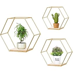 Estanteria Hexagonal Primark Umelee Juego de 3 estantes de Pared hexagonales, estantes flotantes, estantes Colgantes de Metal y Madera para Dormitorio, baño, Sala de Estar, Cocina, lavandería y decoración de Pared (Oro)