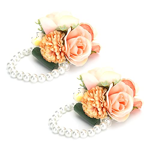 Set of 2 Bridesmaid Wrist Corsage Wristlet Band Bracelet, Bridal Wrist Flower, Bracelet Wristband for Women Bride Bridesmaid Wedding Prom(Orange)