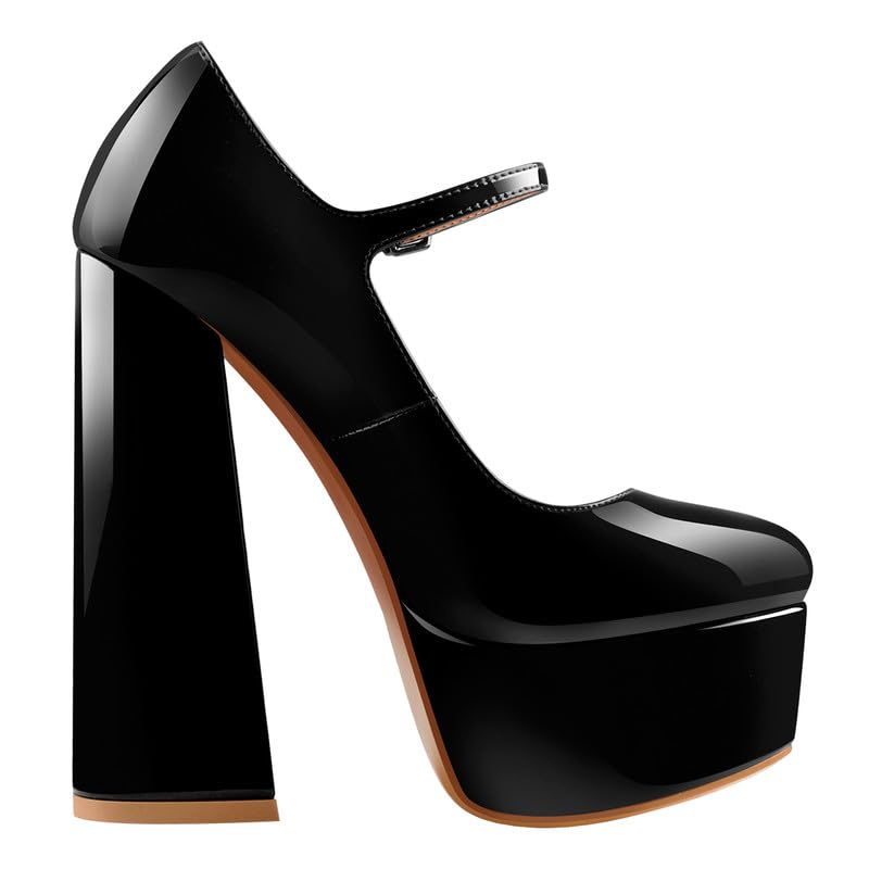 blingqueen Damen Plateau Pumps Mary Jane High Heels mit Blockabsatz Riemchenpumps mit Schnalle Lack