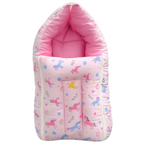 Image of 3 in 1 Muslin Cotton Sleeping Bag for Newborn Baby|Carry Nest|Lightweight|Skin Friendly|Convertible|Hypoallergenic|Portable Bassinet |Essential (Aslo use as Gaddi Set, 0-6 Months, Pink)