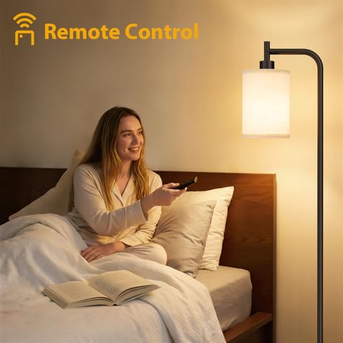 Image of Ziisee 64 inch Floor Lamp with Remote Control, Dimmable Tall Standing Lamps for Living Room Bedroom Office Corner, 9W LED Bulb Included, Foot Pedal Switch, Beige Shade Black Pole