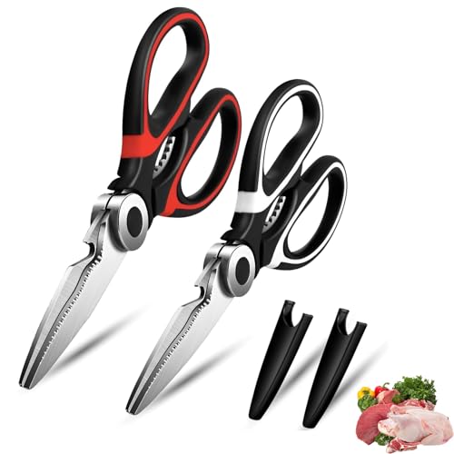 Eastrise Heavy-Duty Kitchen Scissors, Dishwasher-Safe Multi-Purpose Food Shears, Non-Slip Stainless Steel Sharp Cooking Scissors with Ergonomic Handle (2PC/Black&White)