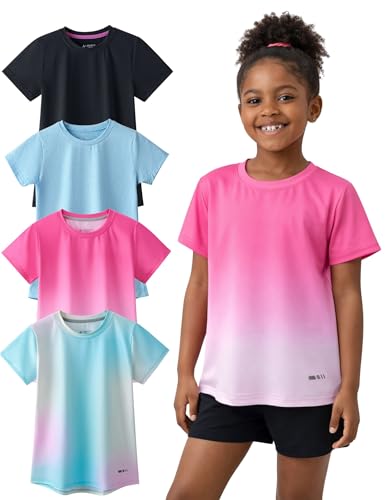 4 Pack: Youth Girls Athletic Shirts Short Sleeve Dry Fit Apparel Tech Tshirts Sports Activewear for Kids Teens (Set 10 Youth Medium)