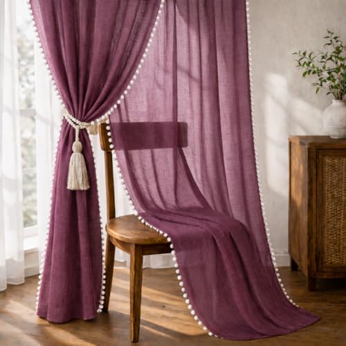 Image of THE LINEN COMPANY Cotton Linen Solid Eyelet Curtains for Window, Plum, Light Filtering Curtain Panels, Window Size 4 Feet, Pack of 1