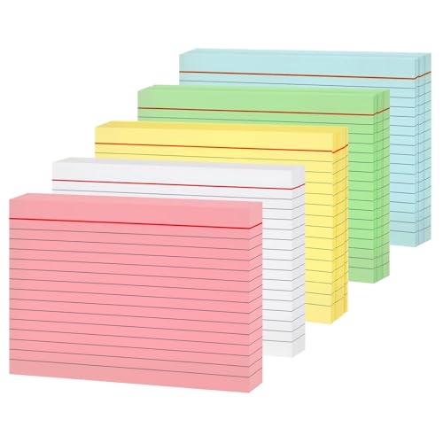 Koogel Karteikarten A6 liniert, 250 Stück in 5 Farben, Lernkarten für Notizen, Vokabeltraining, Prüfungsvorbereitung, School Supplies, 14,8 x 10,5 cm