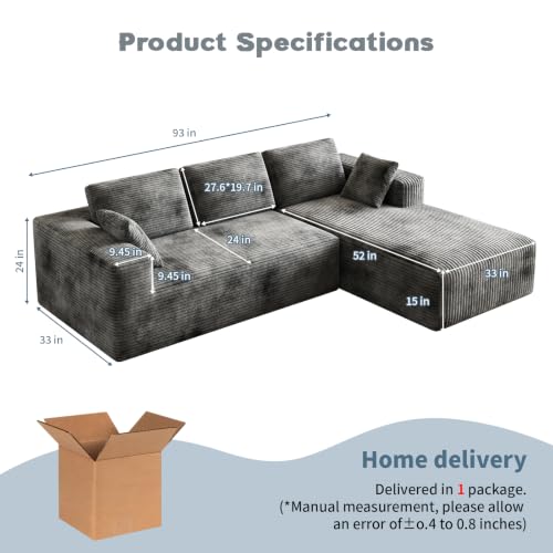 Image of 93 inch L-Shaped Modular Sectional Sofa with Chaise, Boneless Corduroy Cloud Couch with Deep Seat and Oversized Comfort, Flexible Module Combination for Living Room, No Assembly Required
