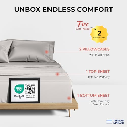 Image of THREAD SPREAD 100% Egyptian Cotton Queen Sheets Set - 1200 Series Plush Collection Luxury Egyptian Cotton Sheets Queen Size Deep Pocket (4 PC, Light Grey), Soft, Cooling, Sateen Weave Sheet Set