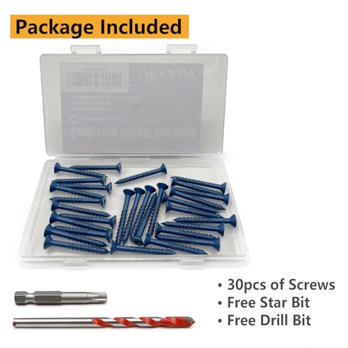Allkeen 1/4\" x 2-1/4\" Concrete Screws, Anchoring to Masonry, Brick, Block, Cement or Stucco, 30PCS
