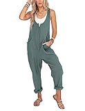 Xiaoxuemeng Womens Cotton Linen Overalls Casual Baggy Jumper Adjustable Straps Button Up Jumpsuits with Pockets (LakeBlue-Medium)