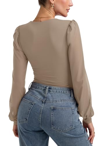 Image of PINKMSTYLE Women's Square Neck Double Lined Mesh Long Sleeve Bodysuits | Sheer Puff Sleeve Body Suit,Slim fit Trendy Going Out Tops,Concert Outfit